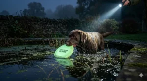 A Labrador retrieving a floating glow in the dark dog frisbee from a garden pond, demonstrating its waterproof design.