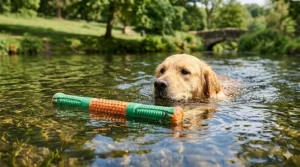 A water-level view of a Golden Retriever swimming to retrieve a buoyant orange and green textured rubber fetch stick floating in a sun-dappled pond at a British country park.