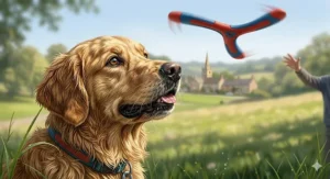 Illustration of a buoyant, waterproof boomerang toy for dogs floating on a lake, perfect for summer holidays at the beach.