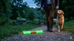 A low-angle photograph taken at dusk in a British park, where an orange and green rubber fetch stick lies glowing brightly with photoluminescent green light on a gravel path as a man and dog walk by.