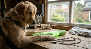 Three LED fetch sticks for dogs glowing brightly in neon green, blue, and red to show different high-visibility light modes.