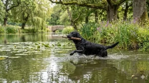A photorealistic action shot of a Golden Retriever running across a grassy field with a stick, representing the classic fetch silhouette.