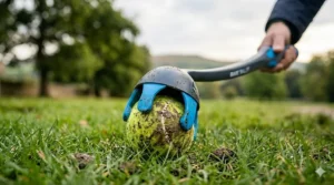 A close-up showing the launcher cup picking up a slobbery ball without the owner needing to bend down.