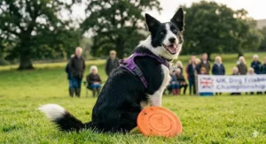 A detailed, 4K photorealistic close-up photograph capturing the specific black and white Border Collie, now sitting upright on lush green grass with a wide panting smile and its tail mid-wag. In front of its paws sits the identical orange competition frisbee from previous images. The dog, wearing its purple harness, looks directly at the camera with a joyful expression, indicating a successful run in a UK park setting. Natural golden hour light illuminates the scene.