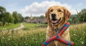 A vibrant neon boomerang toy for dogs lying in green grass, designed for easy spotting during misty morning walks.