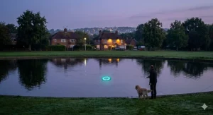 Visual highlighting that the glow in the dark frisbee for dogs remains visible from up to 200 metres away in the dark.