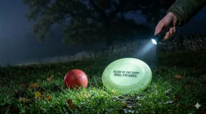 Comparison of a standard toy versus a glow in the dark dog frisbee in low-light conditions to show enhanced visibility.
