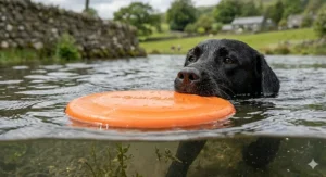 A highly-detailed, photorealistic close-up photograph capturing the textures of the orange 'AQUAFLIGHT' frisbee and the black Labrador's muzzle as it is shown partially submerged and floating on clear lake water. Natural light illuminates the scene, causing droplets of water to bead intensely on the textured, water-repellent rubber surface of the frisbee. The Labrador's nose and wet whiskers are just above the water line, with its eyes intently focused on the frisbee. Water ripples gently around the floating object against a detailed but softly blurred background of the Lake District landscape.