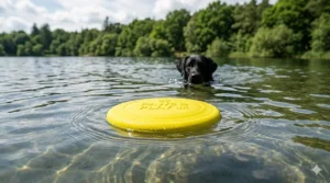 A bright yellow floating dog frisbee bobbing on the surface of a lake, easy for dogs to spot while swimming.