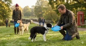 A step-by-step training illustration showing a trainer gently tossing a hard frisbee for dogs to catch.