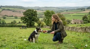 A person demonstrating how to pick up a muddy tennis ball with a dog ball launcher without bending.