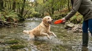 A dog and owner playing fetch in a shallow stream with a floating frisbee for dogs, promoting active exercise.
