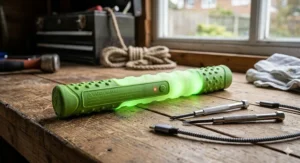 Diagram showing the durable, waterproof rubber casing and USB charging port of an LED fetch stick for dogs.