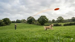 Diagram showing the aerodynamic flight path of a floating frisbee for dogs over a grassy British park.