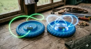 A range of LED frisbees for dogs in various colours including neon green, red, and electric blue.