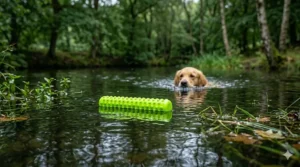 A high-visibility neon green floating fetch stick bobbing on the surface of a pond, easy for dogs to spot.