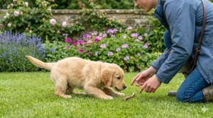 A puppy dropping a stick on a damp stone patio near an owner wearing green rubber wellies in a traditional UK garden.