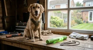 An LED fetch stick for dogs plugged into a USB charger next to a standard UK three-pin wall socket.