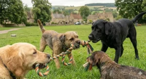 A selection of different dog breeds holding the rope fetch toy in their mouths.