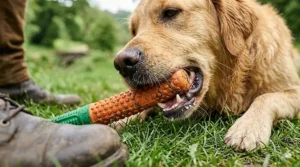 A close-up shot focused on a Golden Retriever’s mouth, with its powerful teeth clamped onto the specific textured hexagonal nubs and ribbed patterns of an orange and green rubber fetch stick on a grassy path.