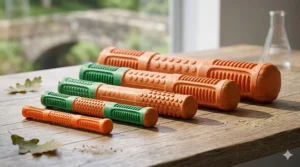 A photorealistic studio photograph displaying a complete size range of five textured rubber fetch sticks, from XS to Giant, arranged in ascending order on a weathered oak surface in natural daylight.