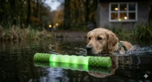 Illustration comparing a splintering wooden branch to a smooth, safe LED fetch stick for dogs to prevent mouth injuries.
