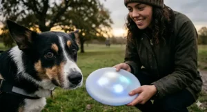 Illustration of the gentle, eye-safe glow technology used in LED frisbees for dogs to prevent glare.