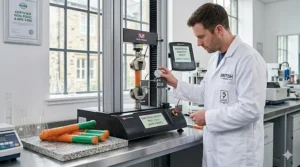 A photorealistic scene inside a materials testing laboratory, where a technician validates the non-toxic nature of the durable rubber material from a specific orange and green fetch stick using a precision gauge.
