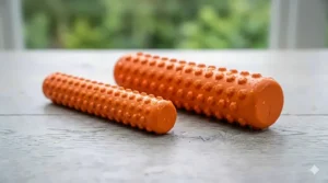 Two different sizes of floating fetch sticks compared side-by-side to show options for different dog breeds.