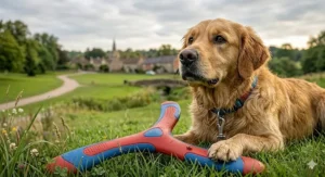 Close-up showing the textured, soft-touch surface of a boomerang toy for dogs that is gentle on a pet's teeth and gums.