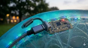Illustration demonstrating the USB charging port of the glow in the dark frisbee for dogs for reliable illumination.