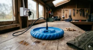 Illustration showing a USB cable charging a light-up dog frisbee near a UK power socket.