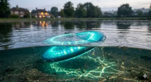 The glow in the dark frisbee for dogs floating on water, showcasing its waterproof design for nighttime retrieves.