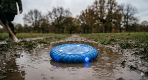 A waterproof LED dog frisbee floating in a puddle during a rainy walk in the UK.