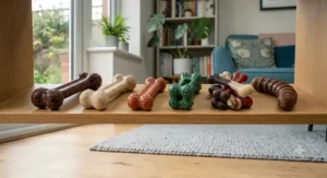 Various shapes and sizes of chicken and beef flavoured nylon dog chews suitable for different dog breeds found in the UK.