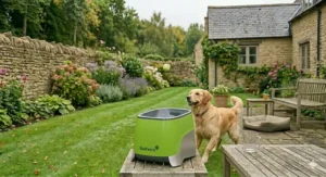 A dog watching a tennis ball being launched from an automatic ball launcher in a scenic outdoor garden.