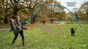 A diagram comparing the throwing distance and arc of a Chuckit launcher versus a generic alternative.