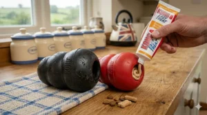 A glossy black flat-coated retriever with its paws near a large, robust black rubber KONG Extreme style toy in a cozy rustic British kitchen setting.