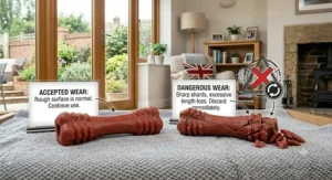 Illustrative guide on how to inspect a large dog's Nylabone for signs of wear and when to replace it.