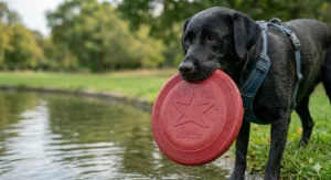 A rubber dog frisbee showing minimal wear after extensive play, ideal for heavy chewers.