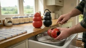 A medium-close detailed shot of a person’s hand holding both a red KONG Classic and a black KONG Extreme toy simultaneously over an open dishwasher rack.