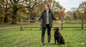 A woman holding both a premium Chuckit launcher and a generic plastic ball thrower whilst standing with her dog.