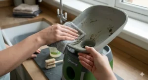 A person cleaning the hopper of an automatic ball launcher for dogs using a cloth in a kitchen setting.