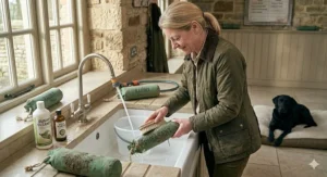 Rinsing a muddy canvas dog training dummy with clean water after a field session.
