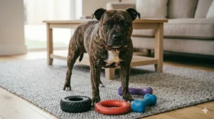 A brindle dog standing proudly next to a set of assorted solid rubber chew toys on a living room rug.