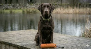An upright portrait photograph of the Chocolate Labrador Retriever sitting on the wooden dock, its green collar clearly visible, with a single orange rubber training dummy positioned on the planks at its front paws.