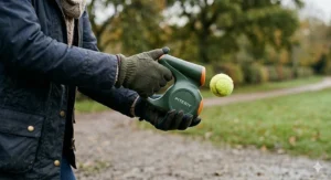 A compact dog ball launcher shown next to a standard tennis ball to demonstrate its portable size.