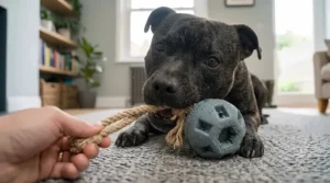 An owner playing a game of tug-of-war with their dog using a durable rope-and-rubber toy.