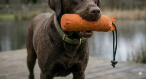 A high-detail illustration of a Chocolate Labrador Retriever standing on a wooden dock, holding a high-visibility orange rubber training dummy in its mouth, with soft focus reeds and water in the background.
