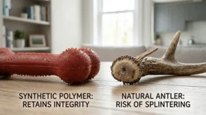 A comparative view of a synthetic polymer Nylabone and a natural antler, noting the difference in material integrity and splintering risks.